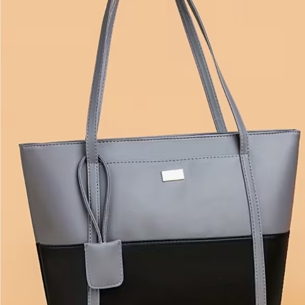 Two-Tone Gray & Black Structured Tote Bag with Pocket NIP - Picture 7 of 14